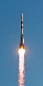 Soyuz TMA-18 launching from the Baikonur Cosmodrome in Kazakhstan in April, 2010.
