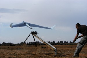 Orbiter Mini-UAV on launch. Photo (c) 2005 Tal Tikotzki, from the Aeronautics Systems Ltd website.